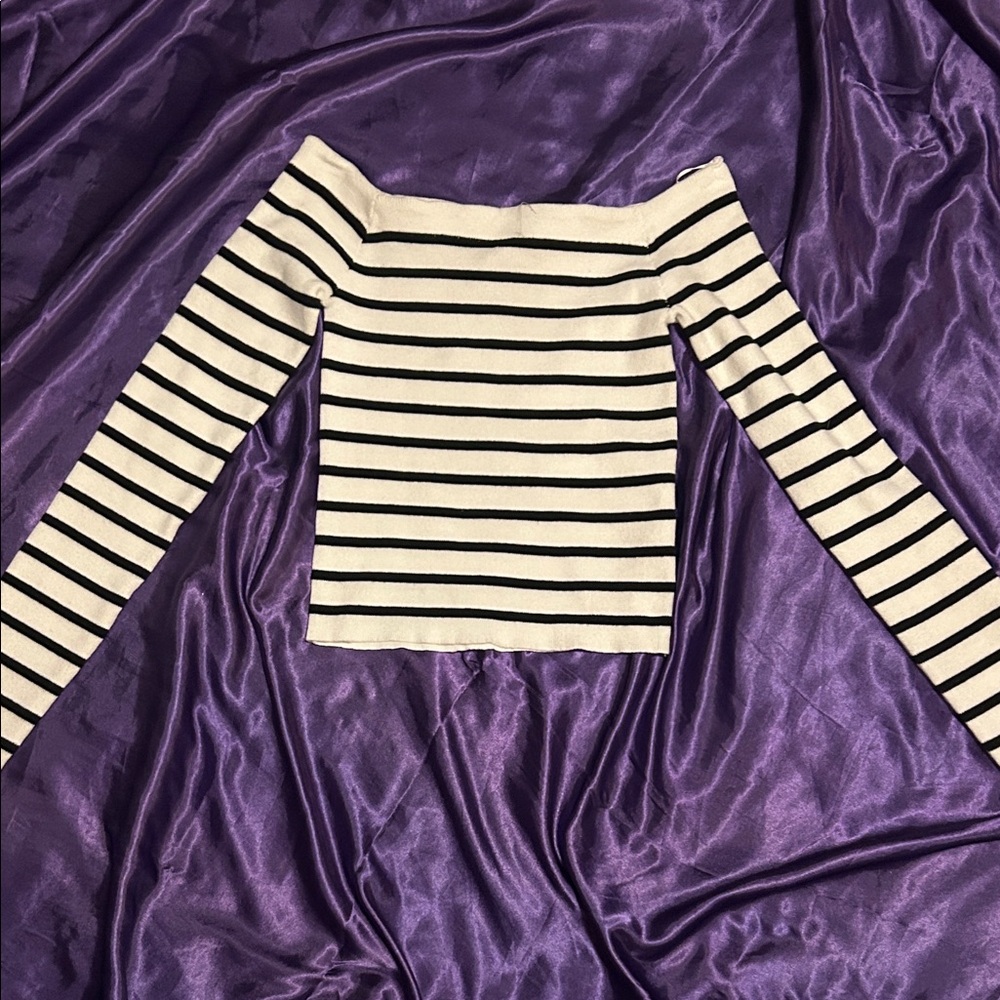 Aeropostale Black & White Striped Off-Shoulder Crop Top